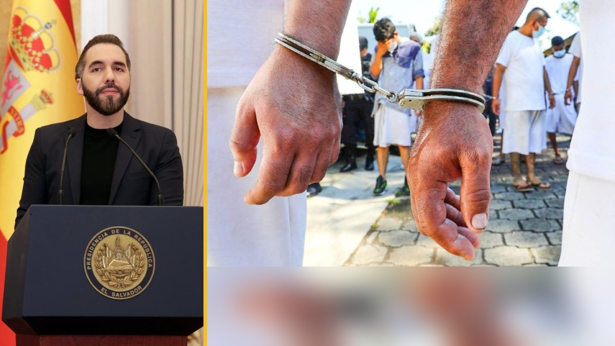 A la izquierda, Nayib Bukele en el atril de Casa Presidencial; a la derecha, detenidos esposados durante el régimen de excepción