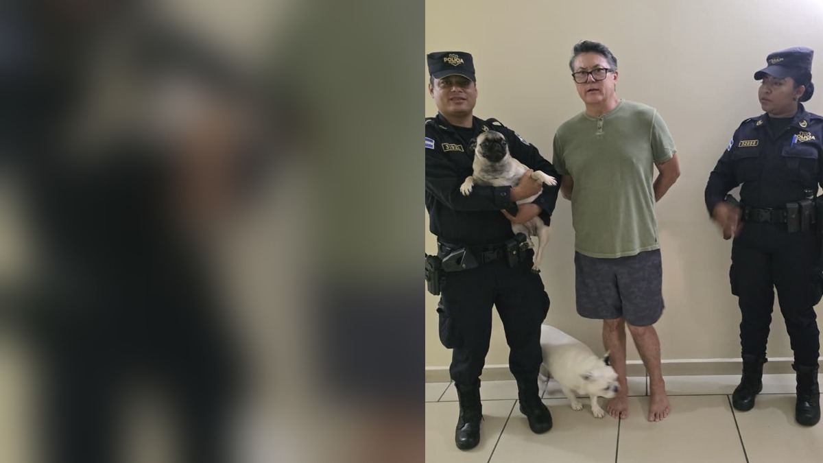 Héctor Alejandro Rosales Bonilla junto a dos agentes de la PNC, uno de ellos con un perro pug en brazos