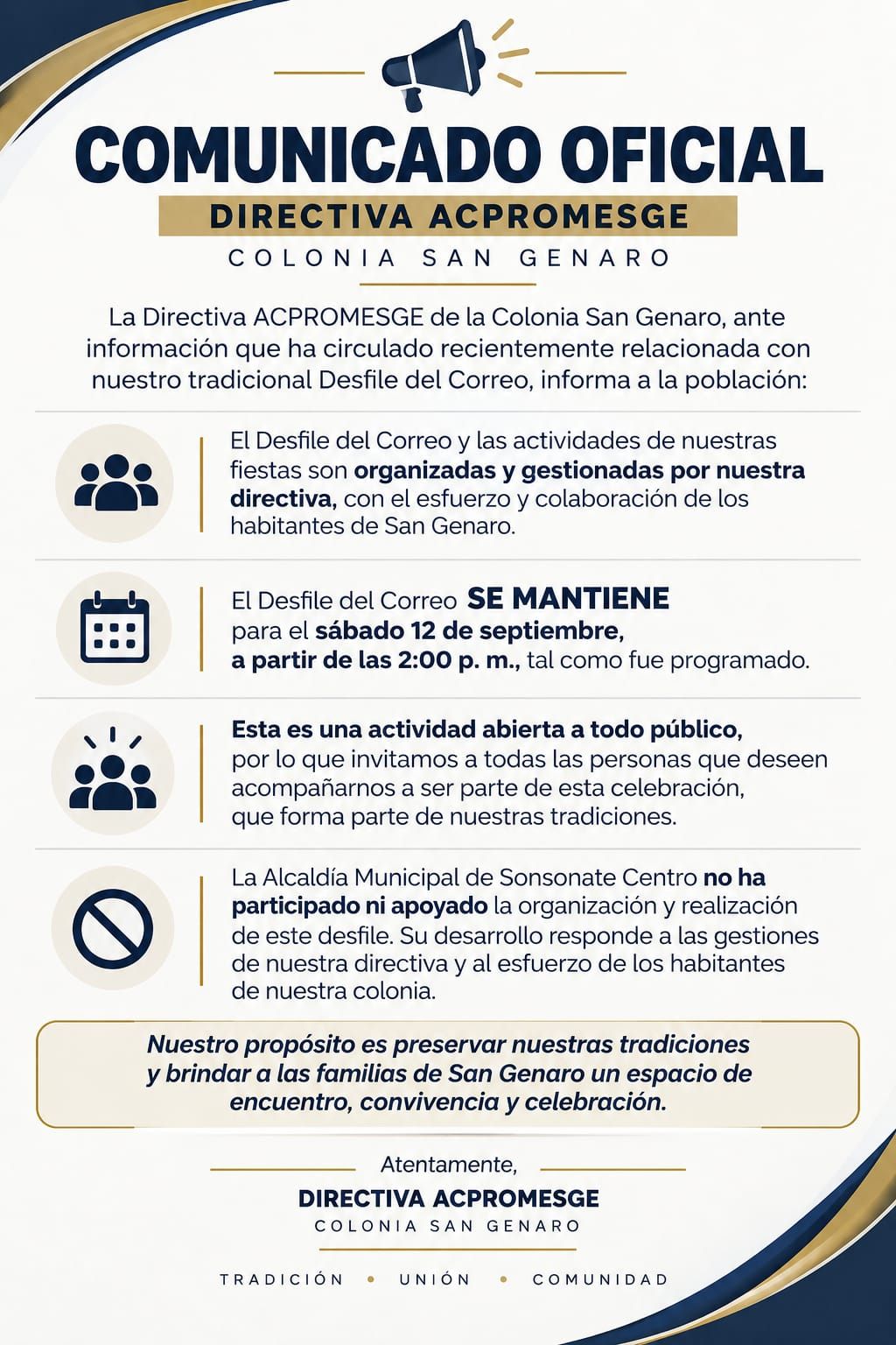 Comunicado de la directiva ACPROMESGE de la colonia San Genaro que mantiene el Desfile del Correo para el sábado 12 de septiembre