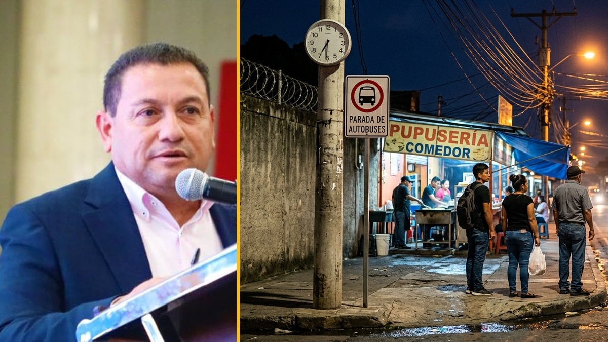 El ministro de Trabajo, Rolando Castro, y una parada de bus de noche con un reloj que marca las 7:30