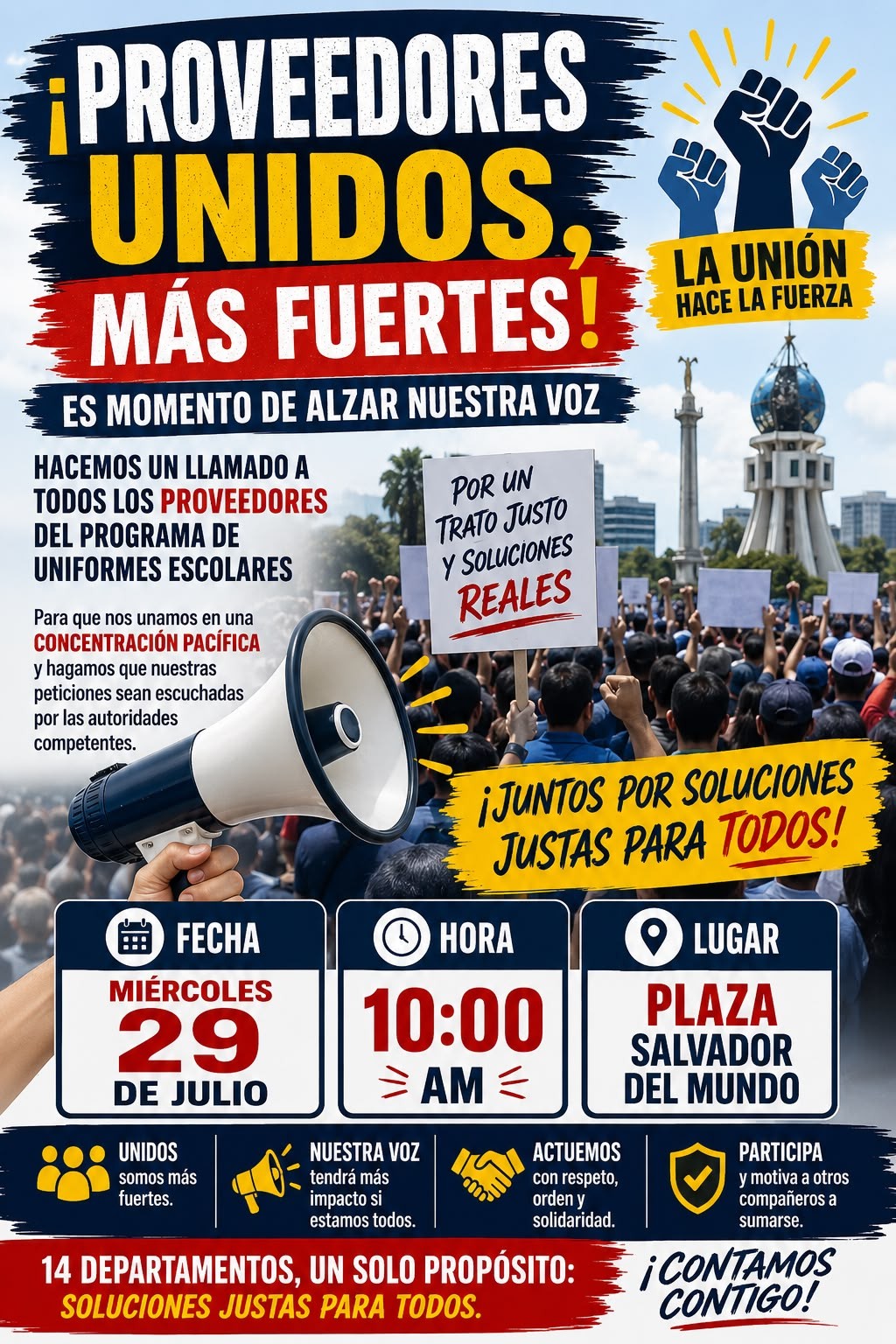 Convocatoria a concentración pacífica de proveedores del programa de uniformes escolares el 29 de julio en la Plaza Salvador del Mundo