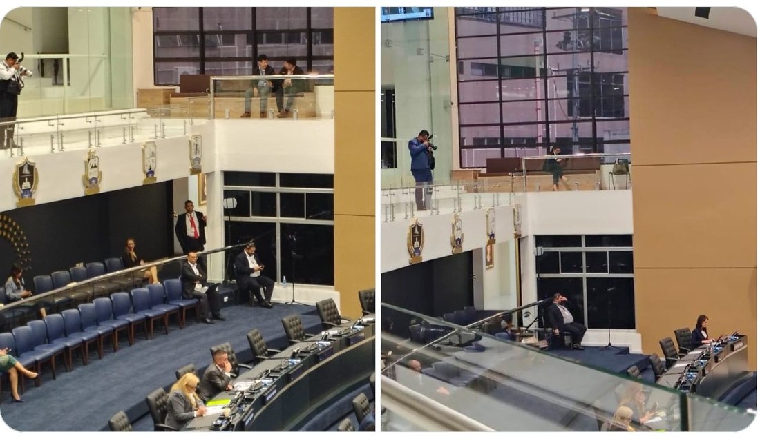 Dos fotografías del pleno de la Asamblea Legislativa en las que se observa a camarógrafos apuntando hacia el área de curules desde el nivel superior