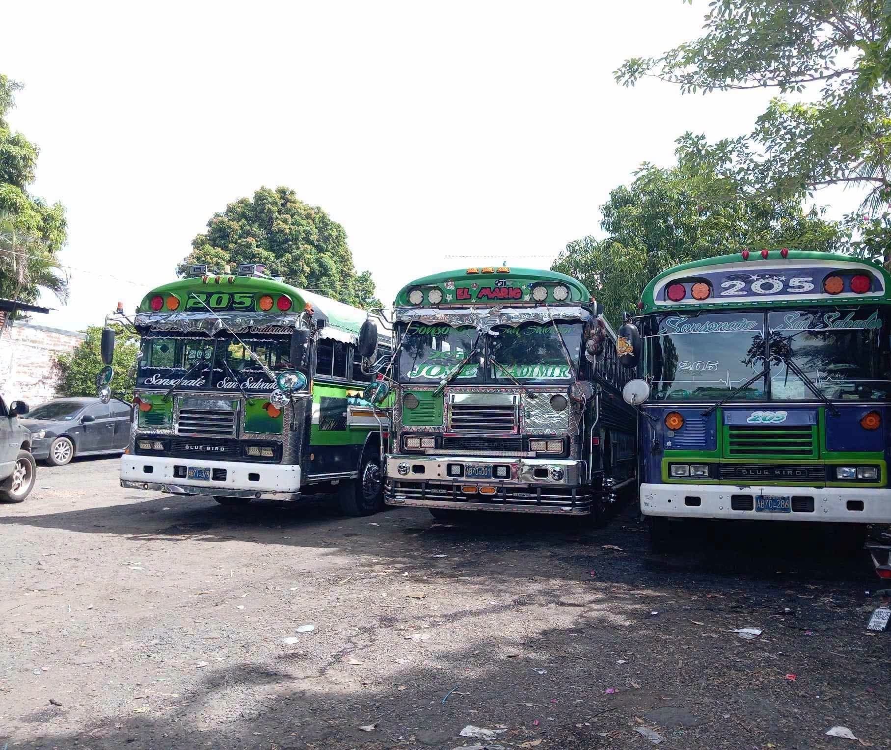 Buses de la ruta 205 que conecta Sonsonate con San Salvador, en el estilo modificado tradicional