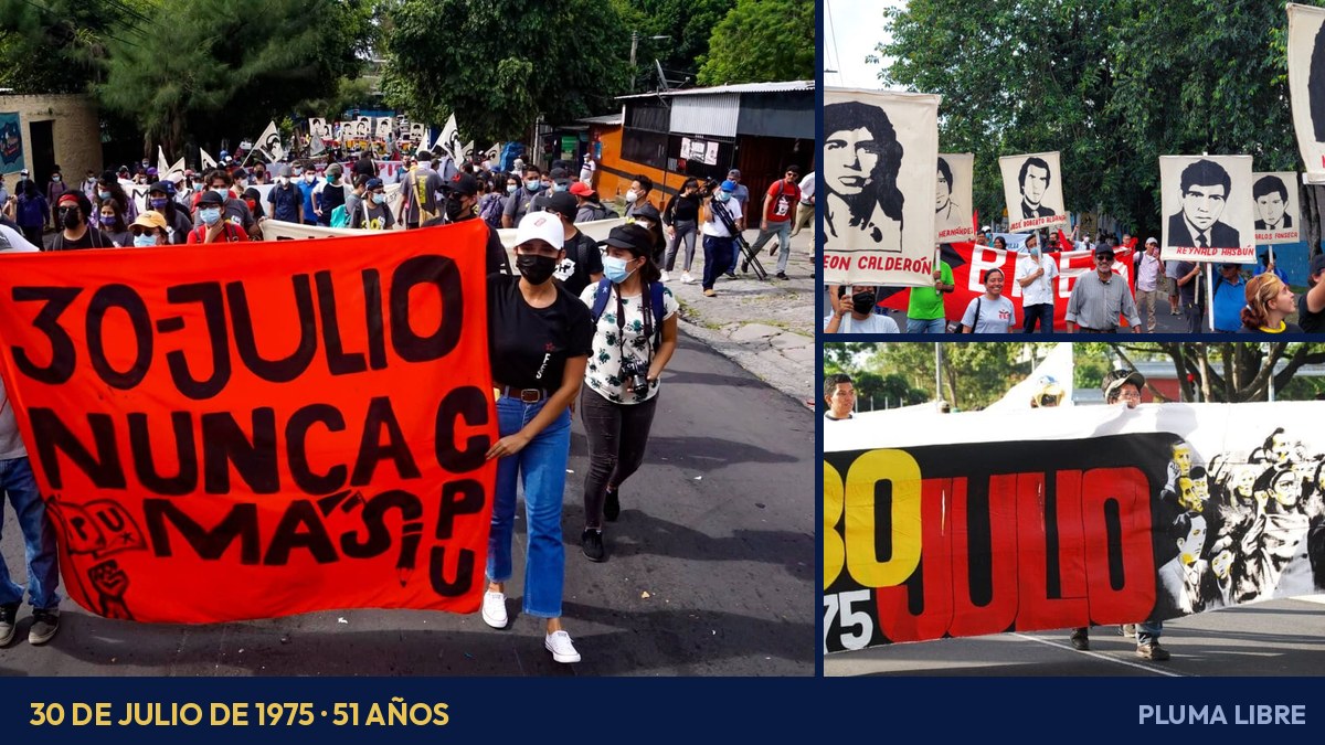 Marcha conmemorativa del 30 de julio con una manta que dice «30 julio nunca más» y carteles con los retratos de las víctimas de 1975