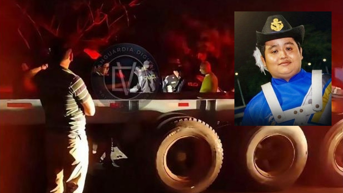 Socorristas y policías junto a la rastra contra la que chocó el carro frente a Disagro; en el recuadro, Owen Jeovani Morales Escobar