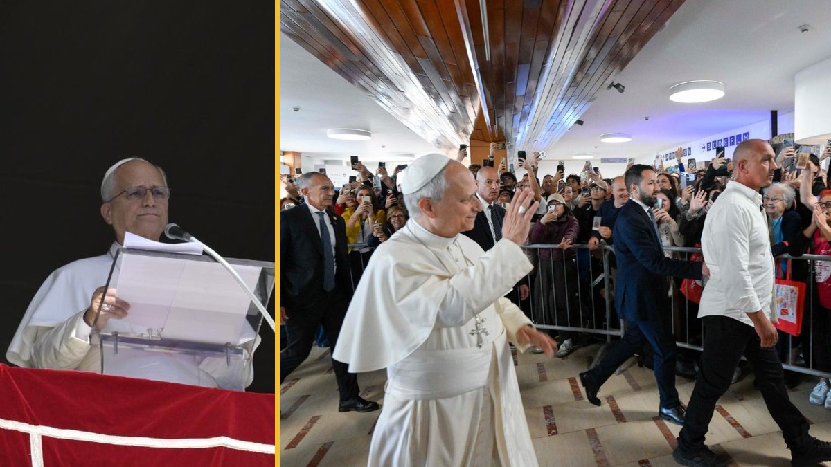 A la izquierda, el papa León XIV en la ventana del Ángelus; a la derecha, saluda a la gente al entrar al hospital Gemelli de Roma